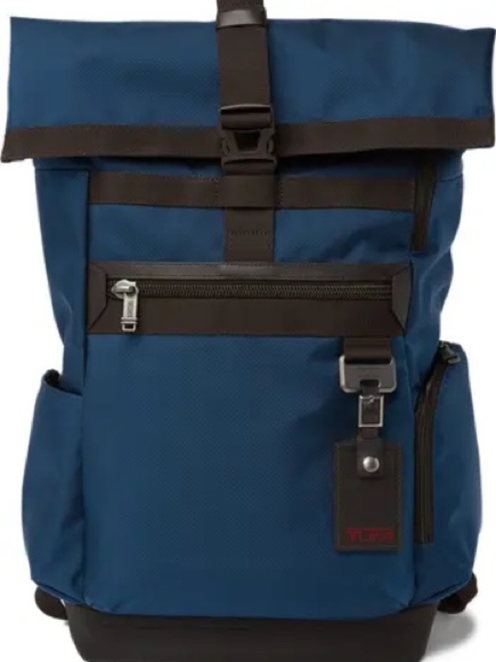 Men's Tumi Navy Roll-Top Backpack with Black Trim and multiple compartments